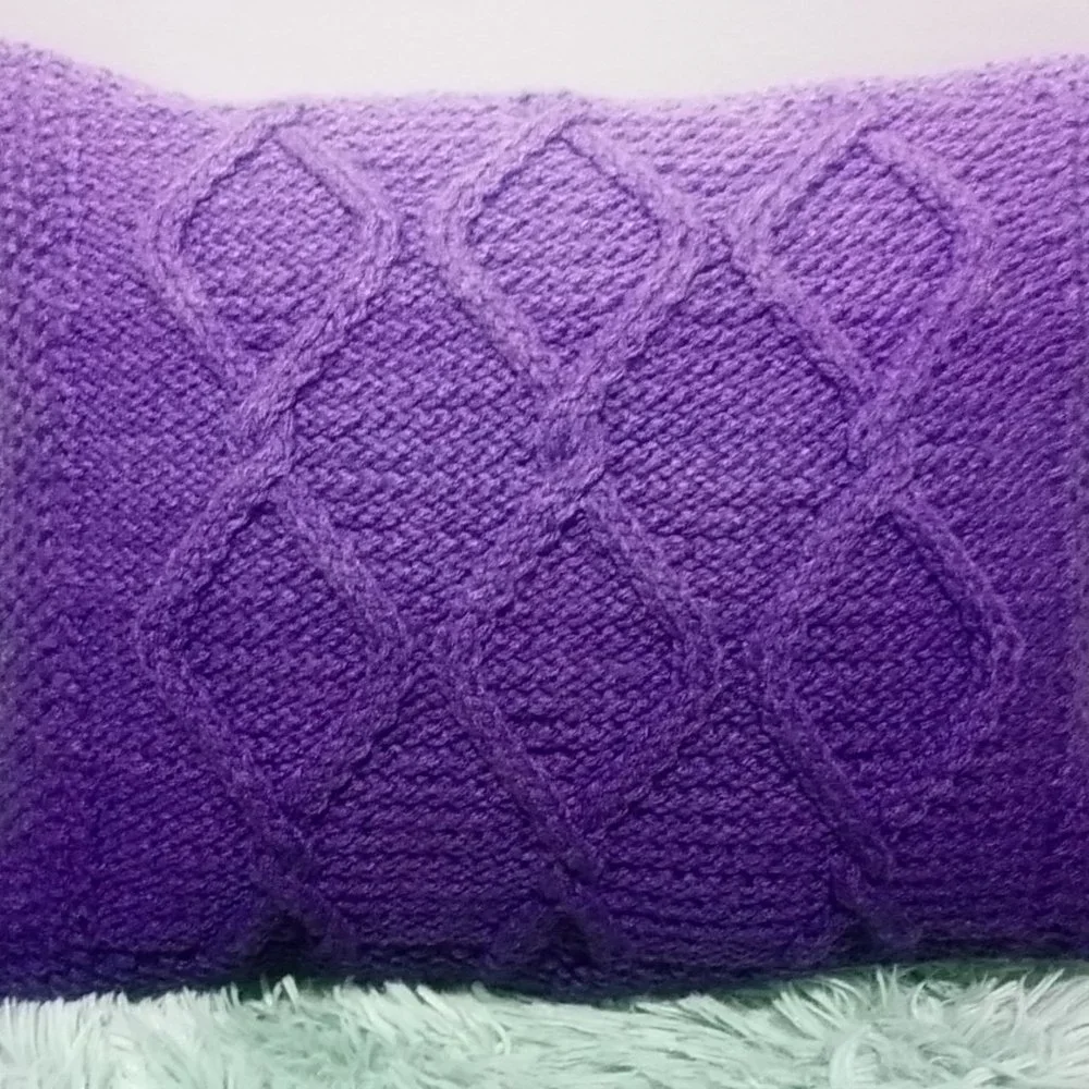 Hand Crafted Knit Throw Pillow Purple Cable Hand Painted Resin Buttons D…